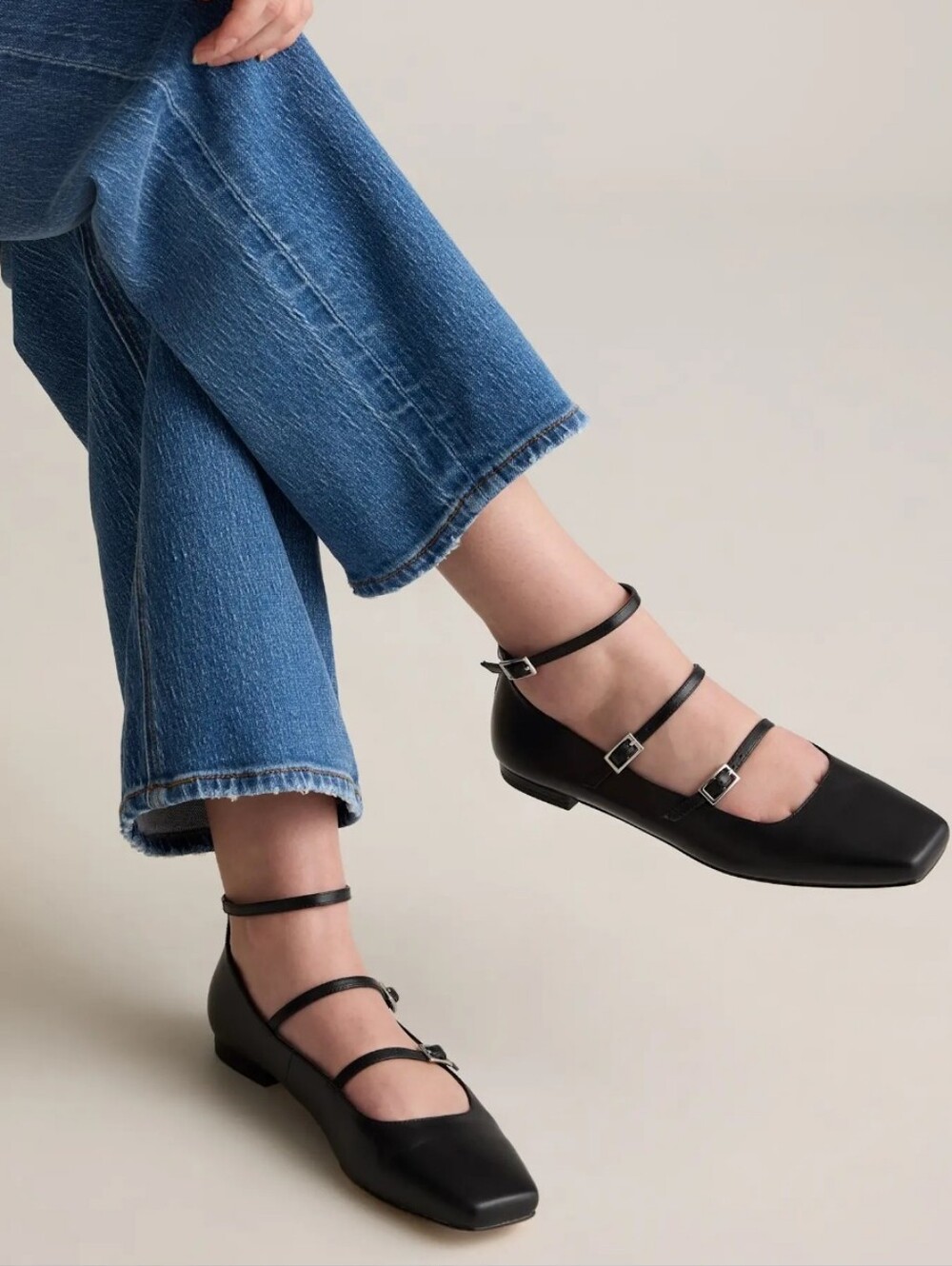 Quince Black Triple-Strap Square-Toe Flats